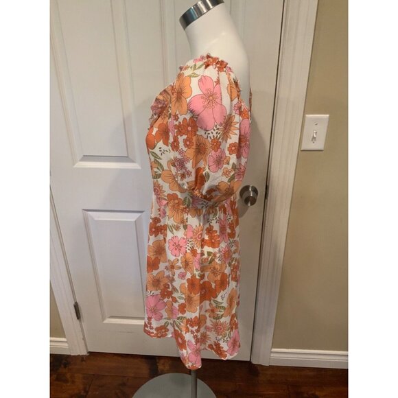 Eilly Bazar White Pink Orange Floral Crepe Puff Sleeve Mini Dress, Size XS, NWT! - Picture 5 of 7